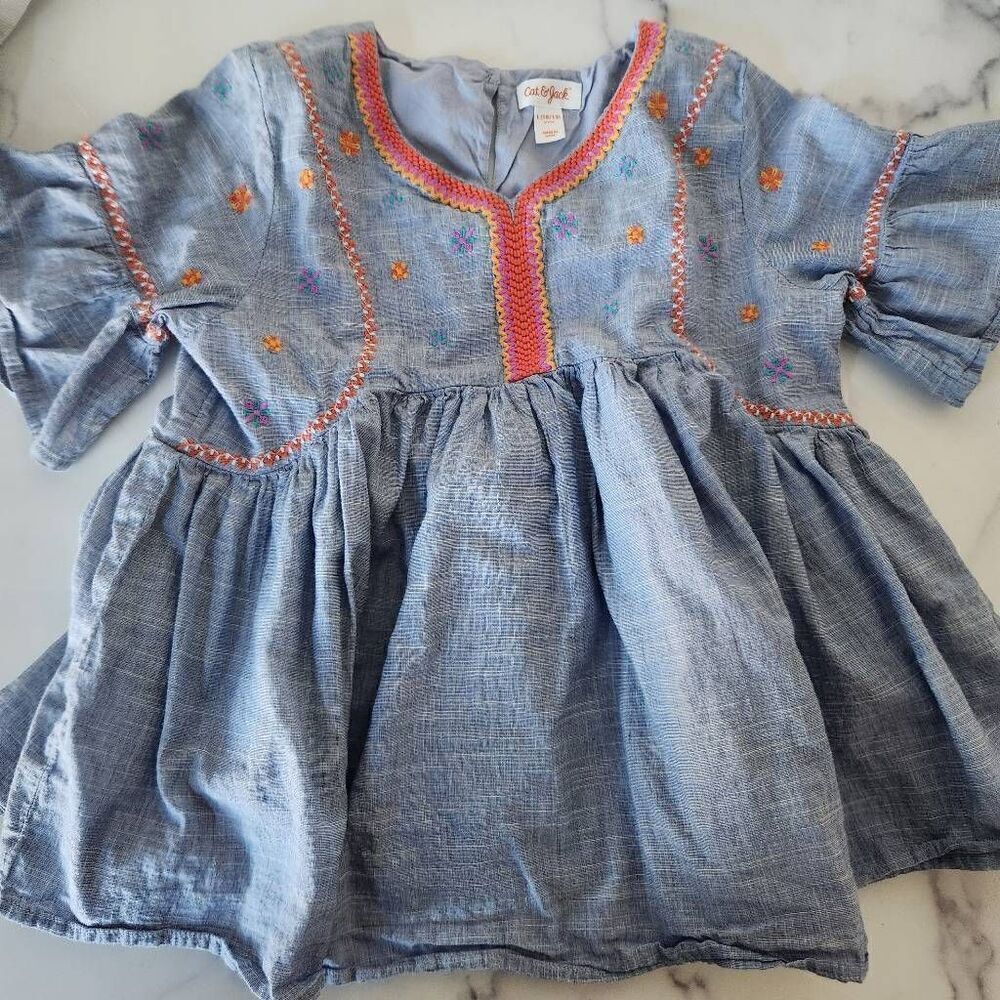 Cat & Jack L 10-12 blue bell sleeve girls embroidered floral boho cotton blouse